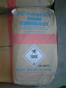 50 lb. bags of sodium hexafluorosilicate (fluoride) await being added to Corvallis’ water supply; photo by Seth Aronson.